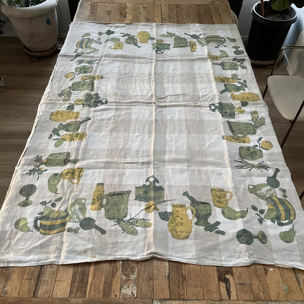 Vintage Mid-century Dutch Linen Tablecloth Green Fruit Motif